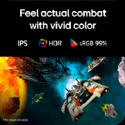 Escena de batalla futurista mostrada en un monitor de juegos, con colores vivos y una gama de colores sRGB del 99%, IPS y certificación HDR.